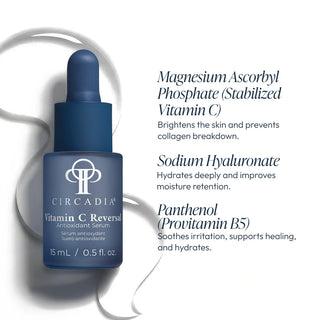 Circadia Vitamin C Reversal Antioxidant Serum dropper bottle with key ingredients: Magnesium Ascorbyl Phosphate Stabilized Vitamin C to brighten and prevent collagen breakdown, Sodium Hyaluronate for deep hydration, and Panthenol Provitamin B5 to soothe and heal