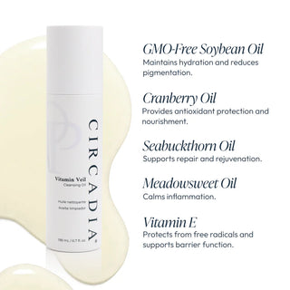 Circadia Vitamin Veil Cleansing Oil 198ml bottle with oil texture swatch, featuring soybean oil, cranberry oil, seabuckthorn oil, meadowsweet oil, and vitamin E