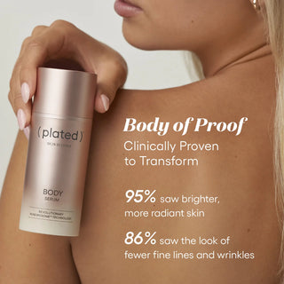 Woman holding Plated Body Serum with Renewosome Technology on shoulder, clinical results