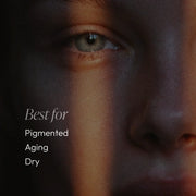 Close-up portrait with text overlay — Circadia Amandola Milk Cleanser is best for pigmented, aging, and dry skin types