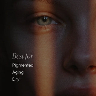 Close-up portrait with text overlay — Circadia Amandola Milk Cleanser is best for pigmented, aging, and dry skin types
