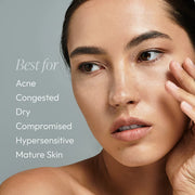 Woman with balanced, glowing skin showing Circadia Aqua-Biotic Balancing Moisturizer is best for acne, congested, dry, compromised, hypersensitive, and mature skin