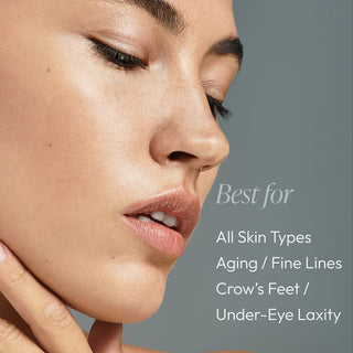 Close-up of woman with firm, smooth skin showing Circadia Eye Lift Serum is best for all skin types, aging, fine lines, crow's feet, and under-eye laxity