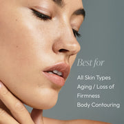 Close-up portrait with text overlay — Circadia Firming & Shaping Gel is best for all skin types, aging and loss of firmness, and body contouring