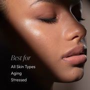 Close-up portrait with text overlay — Circadia Glyco-Guard Balancing Lotion is best for all skin types, aging, and stressed skin