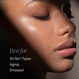 Close-up portrait with text overlay — Circadia Glyco-Guard Balancing Lotion is best for all skin types, aging, and stressed skin