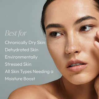 Woman with hydrated glowing skin showing Circadia Moisture on Demand Hydrating Lotion is best for chronically dry skin, dehydrated skin, environmentally stressed skin, and all skin types needing a moisture boost