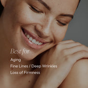 Close-up portrait with text overlay — Circadia Myo-Cyte Plus Anti-Wrinkle Serum is best for aging, fine lines and deep wrinkles, and loss of firmness