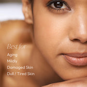 Close-up portrait with text overlay — Circadia Nighttime Repair Retinol Cream is best for aging, mildly damaged, and dull or tired skin