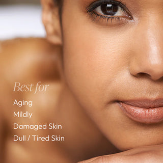 Close-up portrait with text overlay — Circadia Nighttime Repair Retinol Cream is best for aging, mildly damaged, and dull or tired skin