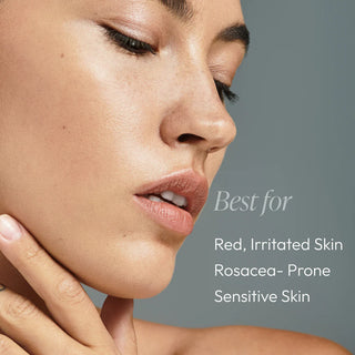 Woman with calm even-toned skin showing Circadia Rose-Ease Relief Cream is best for red irritated skin, rosacea-prone skin, and sensitive skin
