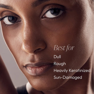 Close-up portrait with text overlay — Circadia Vitamin A Boosting Cream is best for dull, rough, heavily keratinized, and sun-damaged skin