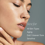 Woman with bright even-toned skin showing Circadia Vitamin C Reversal Antioxidant Serum is best for all skin types, aging, dull and uneven tone, and sensitive skin