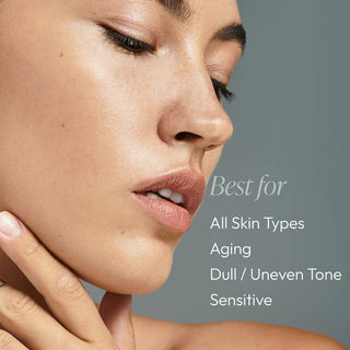 Woman with bright even-toned skin showing Circadia Vitamin C Reversal Antioxidant Serum is best for all skin types, aging, dull and uneven tone, and sensitive skin