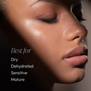 Close-up portrait with text overlay — Circadia Vitamin Veil Cleansing Oil is best for dry, dehydrated, sensitive, and mature skin types