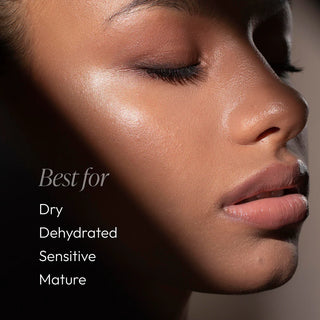 Close-up portrait with text overlay — Circadia Vitamin Veil Cleansing Oil is best for dry, dehydrated, sensitive, and mature skin types