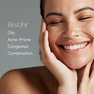 Close-up portrait with text overlay — Circadia White Willow & Juniper Clearing Mist is best for oily, acne-prone, congested, and combination skin