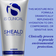 iS Clinical Sheald Recovery Balm tube on blue background with claim: moisture-rich formula replenishes hydration for dry, compromised, or sensitive skin, clinically proven to provide environmental protection
