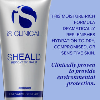 iS Clinical Sheald Recovery Balm tube on blue background with claim: moisture-rich formula replenishes hydration for dry, compromised, or sensitive skin, clinically proven to provide environmental protection