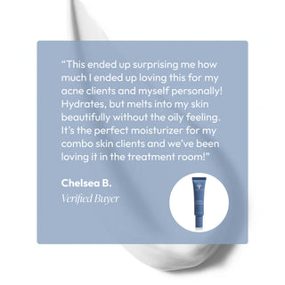 Verified customer review for Circadia Aqua-Biotic Balancing Moisturizer praising its hydrating, non-oily finish ideal for acne-prone and combination skin