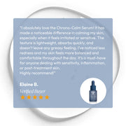 Five-star verified customer review for Circadia Chrono-Calm Calming Serum praising its lightweight texture and effectiveness at reducing redness, irritation, and sensitivity