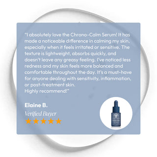 Five-star verified customer review for Circadia Chrono-Calm Calming Serum praising its lightweight texture and effectiveness at reducing redness, irritation, and sensitivity