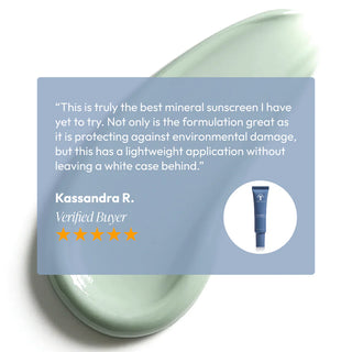 Five-star verified review for Circadia Circa-Shield Mineral Sunscreen SPF 30 — Kassandra R. calls it the best mineral sunscreen she has tried for lightweight protection without a white cast