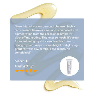 Five-star customer review for Circadia Cleansing Gel with Mandelic Acid from verified buyer Sierra J. recommending it for oily, combination, and acne-prone skin