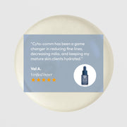 Five-star verified customer review for Circadia Cyto-Comm Revitalizing Serum praising its effectiveness at reducing fine lines, decreasing milia, and keeping mature skin hydrated