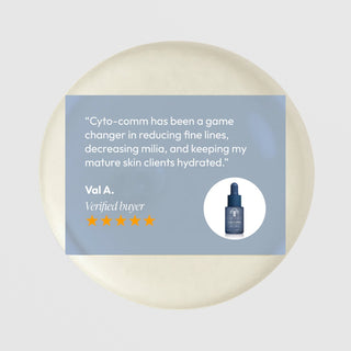 Five-star verified customer review for Circadia Cyto-Comm Revitalizing Serum praising its effectiveness at reducing fine lines, decreasing milia, and keeping mature skin hydrated