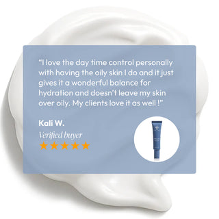 Five-star verified customer review for Circadia Daytime Control Oil Reducer praising hydration balance and oil control for oily skin