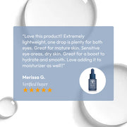 Five-star verified customer review for Circadia Eye Lift Serum praising its lightweight formula for hydrating and smoothing mature, sensitive, and dry eye areas