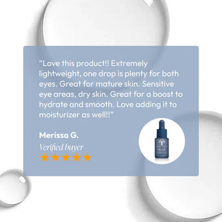 Five-star verified customer review for Circadia Eye Lift Serum praising its lightweight formula for hydrating and smoothing mature, sensitive, and dry eye areas