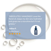 Five-star verified customer review for Circadia Hydralox Hydrating Oil praising its deeply hydrating non-greasy finish that leaves skin with a healthy shine