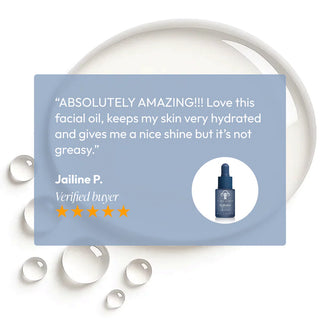 Five-star verified customer review for Circadia Hydralox Hydrating Oil praising its deeply hydrating non-greasy finish that leaves skin with a healthy shine