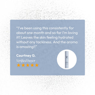 Five-star customer review for Circadia Licorice and Bearberry Brightening Mist from verified buyer Courtney G. praising hydration without tackiness and pleasant aroma