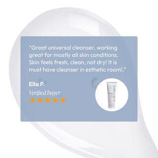 Five-star verified customer review for Circadia Lipid Replacing Cleansing Gel praising it as a universal cleanser that leaves skin fresh, clean, and hydrated without dryness