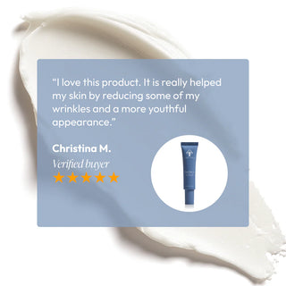 Five-star verified customer review for Circadia Phito-Pep 1.6 Antioxidant Lotion praising wrinkle reduction and youthful appearance