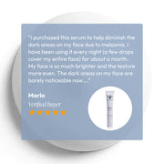 Five-star customer review for Circadia Radiant Brightening Serum from verified buyer Marla who saw reduced melasma and brighter skin after one month