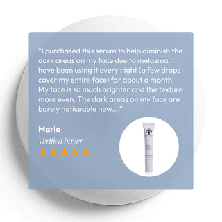 Five-star customer review for Circadia Radiant Brightening Serum from verified buyer Marla who saw reduced melasma and brighter skin after one month