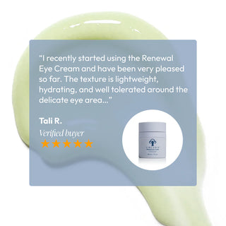 Five-star verified customer review for Circadia Renewal Eye Cream praising its lightweight, hydrating texture around the delicate eye area