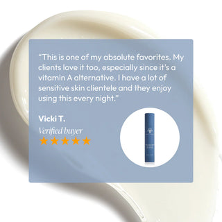 Five-star verified review for Circadia Revita-Cyte Complex Revitalizing Lotion — Vicki T. calls it a favorite vitamin A alternative she recommends for sensitive skin clients to use nightly
