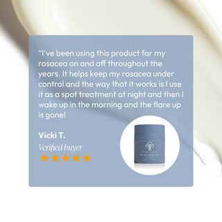 Five-star verified customer review for Circadia Rose-Ease Relief Cream praising its effectiveness at controlling rosacea flare-ups overnight when used as a spot treatment