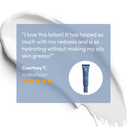 Five-star verified customer review for Circadia Tranquili-Cream Calming Lotion praising its ability to reduce redness and hydrate without greasiness on oily skin