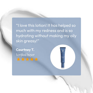 Five-star verified customer review for Circadia Tranquili-Cream Calming Lotion praising its ability to reduce redness and hydrate without greasiness on oily skin