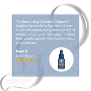 Five-star verified customer review for Circadia Vitamin C Reversal Antioxidant Serum praising its smooth lightweight texture that absorbs quickly without stickiness