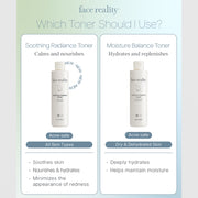 Face Reality toner guide – Soothing Radiance Toner for all skin types, Moisture Balance Toner for dry and dehydrated skin, both acne-safe