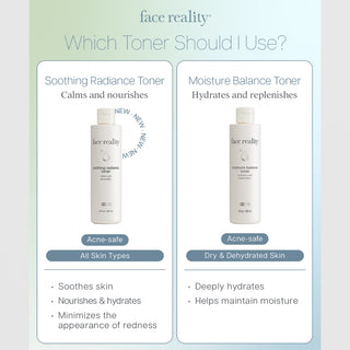 Face Reality toner guide – Soothing Radiance Toner for all skin types, Moisture Balance Toner for dry and dehydrated skin, both acne-safe