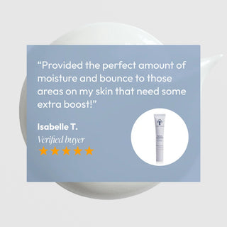 Five-star verified customer review for Circadia Moisture on Demand Hydrating Lotion praising its ability to deliver perfect moisture and bounce to dry areas of the skin