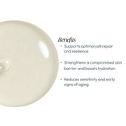 Circadia Cyto-Comm Revitalizing Serum benefits graphic showing it supports optimal cell repair and resilience, strengthens compromised skin barrier, and reduces sensitivity and early signs of aging